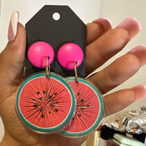 Vintage watermelon stud earrings summer statement fun slices - Picture 1 of 2